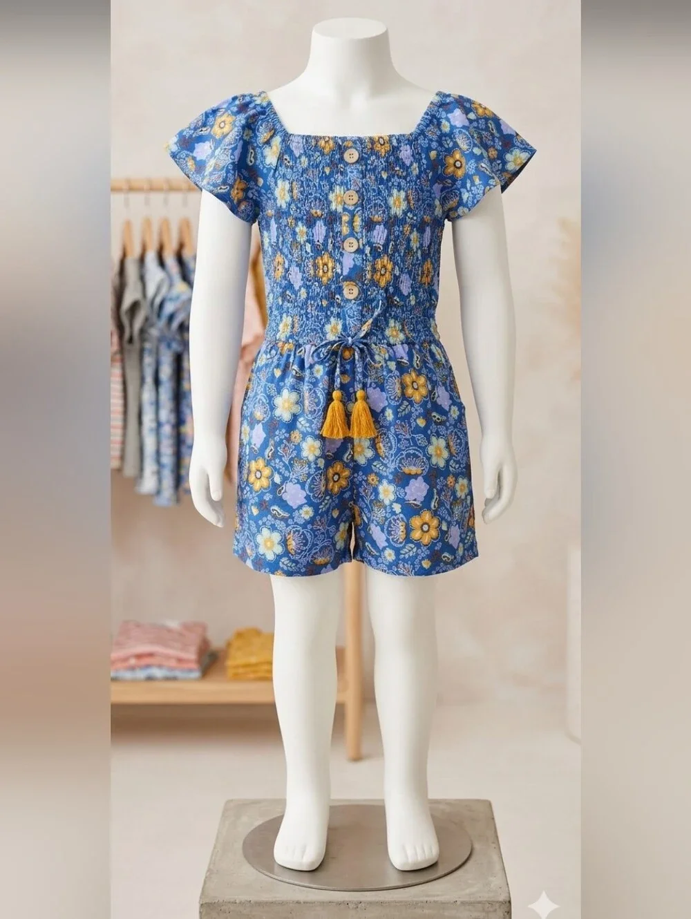 Girls' Blue Floral Smocked Romper with Tassel Tie